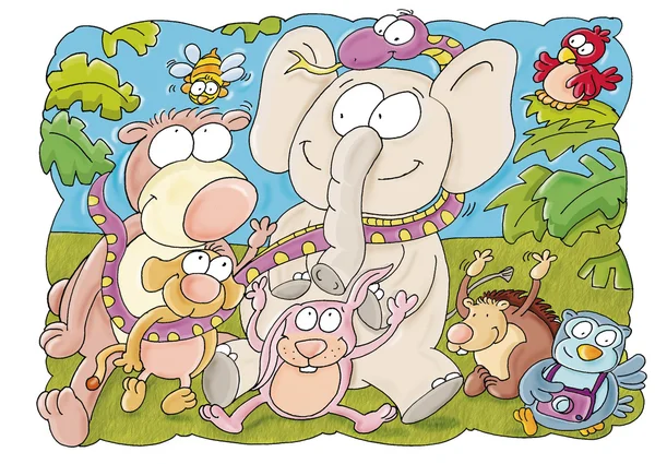 Elefant och hans vänner djuren, — Stockfoto