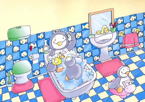 Pingviner i badrummet, — Stockfoto