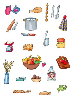 disegni, piccoli, elementi, scontornati, colorati, cucina, cibo