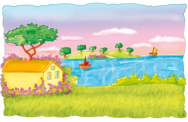 Quadro,lago,estate,vela,casa,fiori,cornice paesaggio — Stock Photo, Image