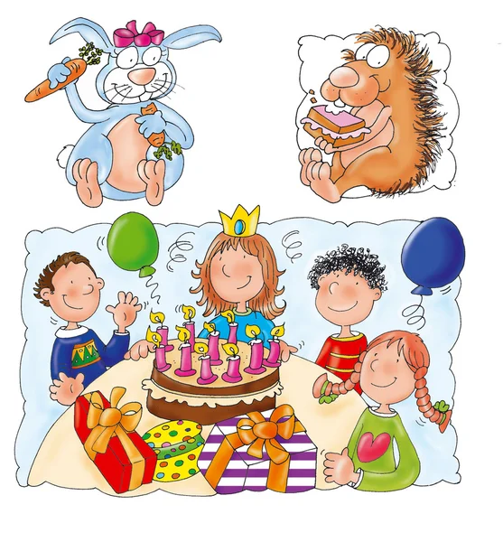 Festa, coniglio, istrice, torta di compleanno — Fotografia de Stock