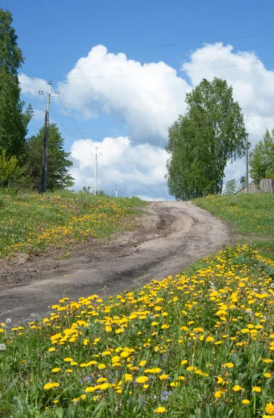 Onverharde weg in dorp in de zomer — Stockfoto