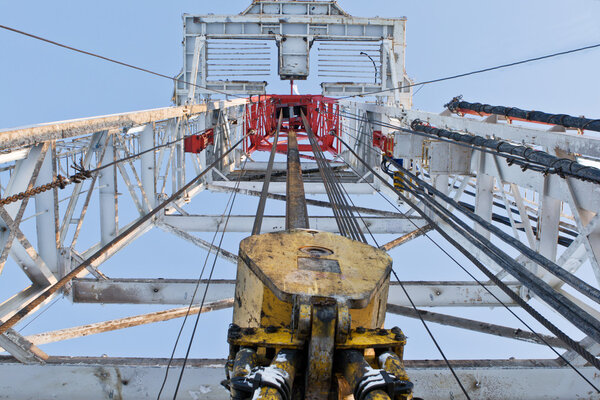 Looking up inside the derrick