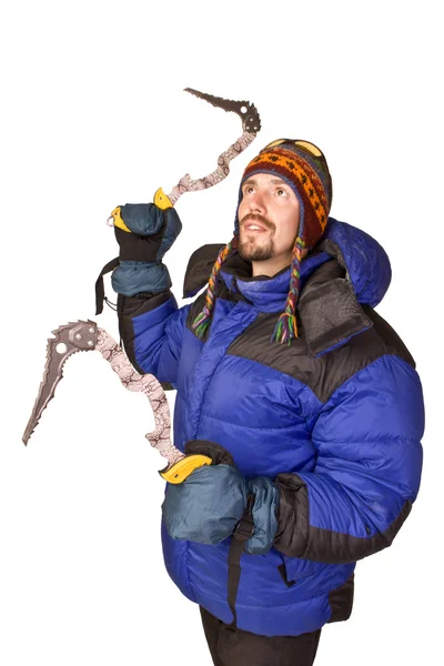 Horolezec muž s dlátem v ruce vzhůru — Stock fotografie