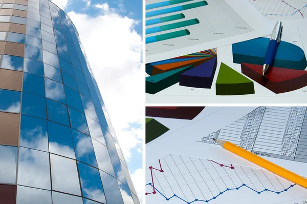 Wykres budynku i finansowe, firmy kolaż — Zdjęcie stockowe