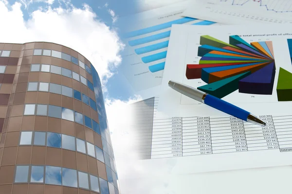 Building and financial chart, business collage — Stock Photo, Image