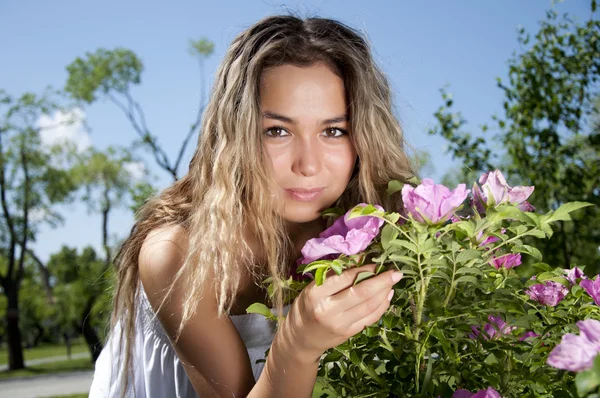 Young woman standing near a dogrose — Stock Photo, Image