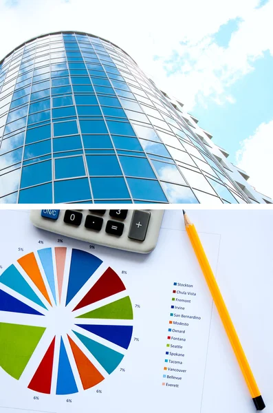 Office buildings and documents, business a collage — Stock Photo, Image