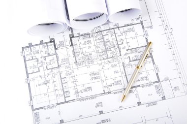 Construction plans, ball pen, business collage