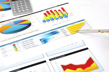 Calculator, pen and stock charts, concept clipart