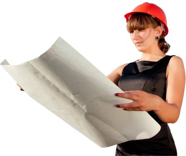 Business woman considers construction plans clipart