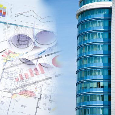 Building and blueprints, business collage clipart