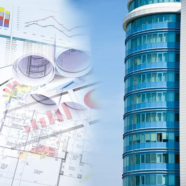 Building and blueprints, business collage — Stock Photo, Image