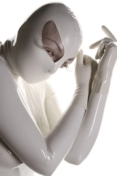Agna devi i latex gummi catsuit med mask — Stockfoto