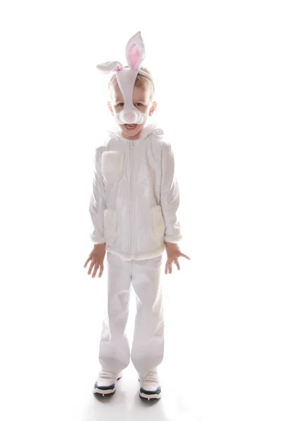 Ritratto Bambino Costume Lepre Isolato Sfondo Bianco — Foto Stock