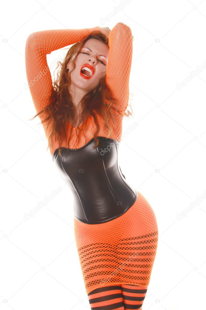 Bright Young Girl in Orange FishNet Dress, Striped PantyHose and PU Corset