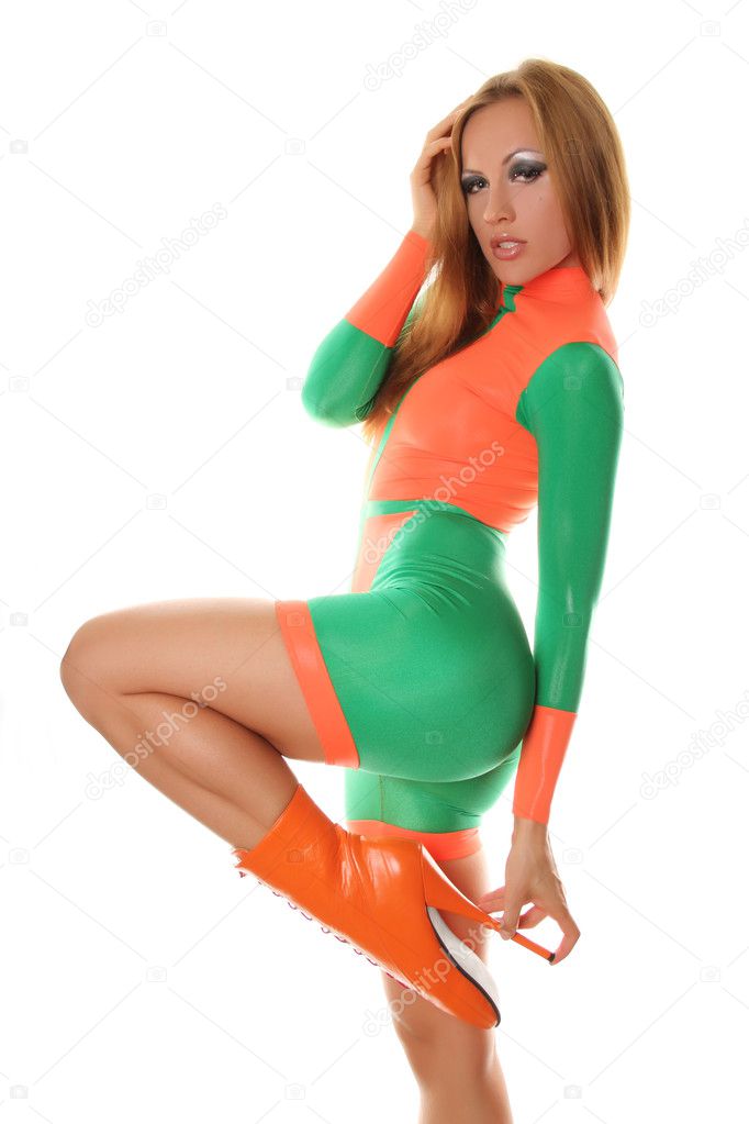 Pretty Sporty Girl in Orange Green Fashion SwimSuit and Ballet Boots