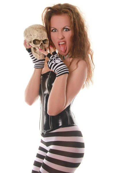 Screaming Girl en corset noir et collants à rayures — Photo