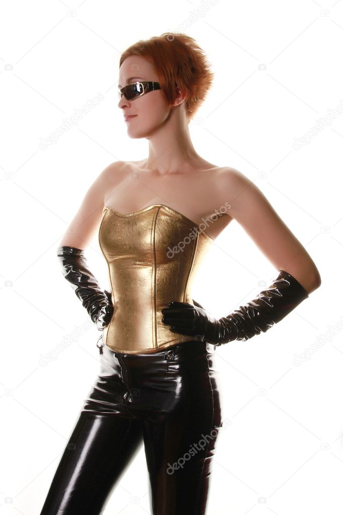 Fashion Girl in Golden Corset and Shiny Pants