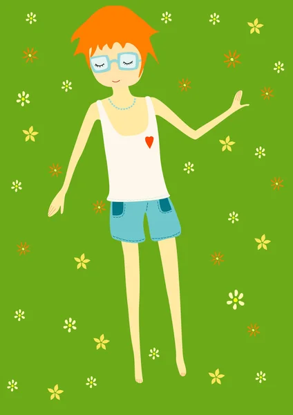 Jeune fille en grandes lunettes portant sur l'herbe — Image vectorielle