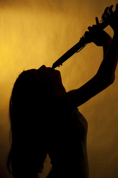 十几岁的女孩单簧管手剪影 — 图库照片
