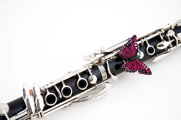Clarinet with Butterfly on White — Stock Photo, Image