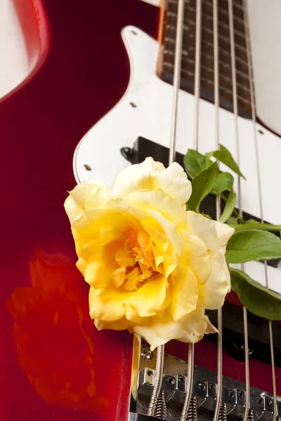 Yellow Rose Red Electric Bass Guitar — Stock Photo, Image
