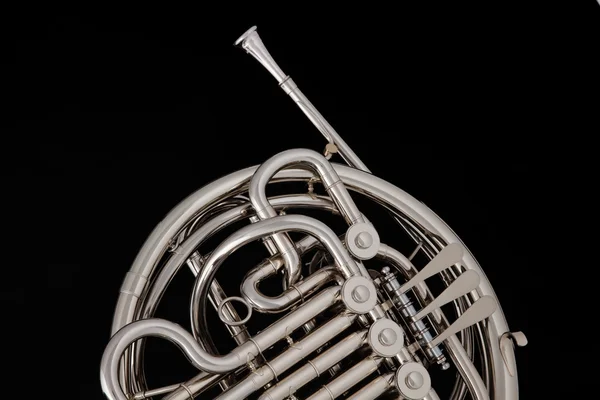 French Horn Silver Isolated on Black — Stock Photo, Image
