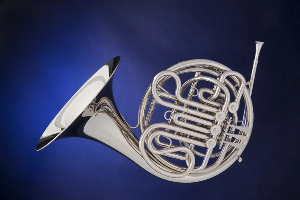 French Horn Silver Isolated On Blue — Stock Photo, Image