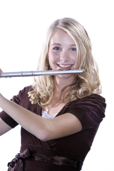 Fluit speler tienermeisje op wit — Stockfoto