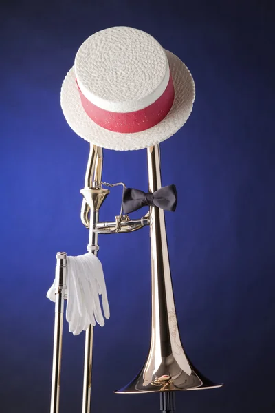 stock image Trombone Hat Bow Tie Isolated on Blue