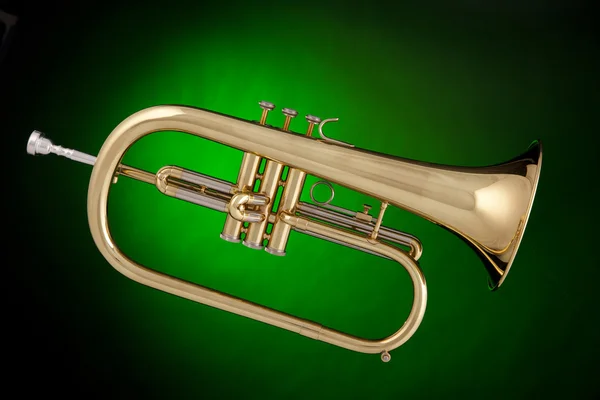 Trompeta Flugalhorn aislada en verde —  Fotos de Stock