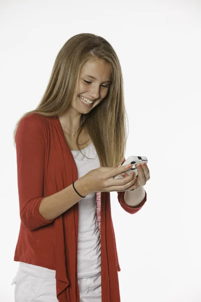 Ragazza e cellulare adolescenti ridenti — Foto Stock