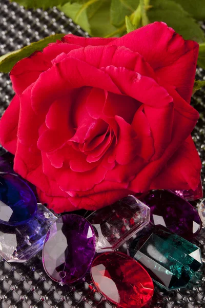 Красная роза и драгоценные камни — стоковое фото