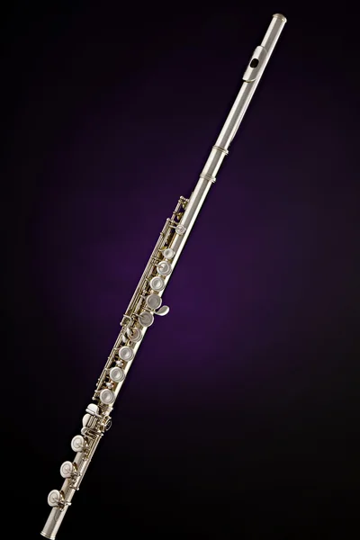 Срібна флейта музичний інструмент на фіолетовому — стокове фото