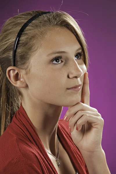 Teenage Female Girl Thinking Isolated on Pink — Stock Photo, Image