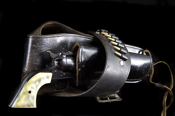 Revolver Gun in Western Holster on Black — Stock Photo, Image