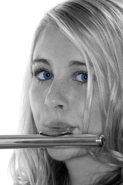 Teenage Girl Flute Blue Eyes on Black and White clipart