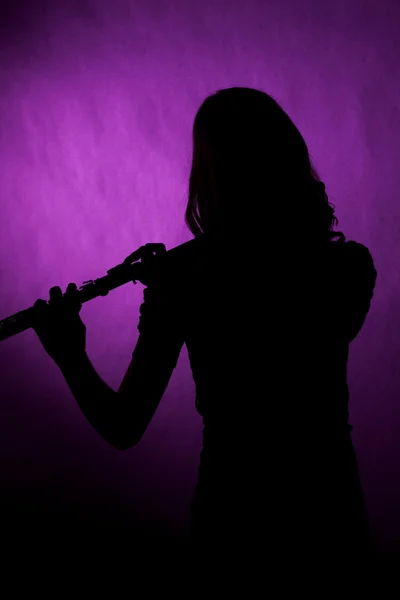 Teenage Girl Flute Silhouette on Pink — Stock Photo, Image