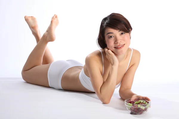 Full Body Shot Beautiful Young Oriental Girl Lying Floor Wearing — Stock Photo, Image