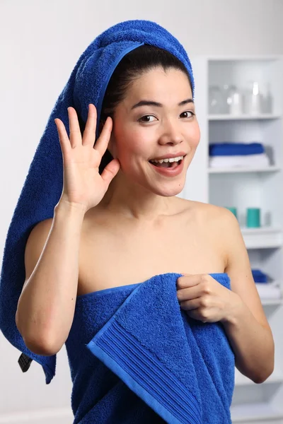Japanese woman having fun in bathroom — Stock Photo, Image