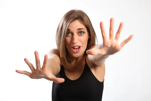 Stop! Shouts woman with outstretched arms — Stock Photo, Image
