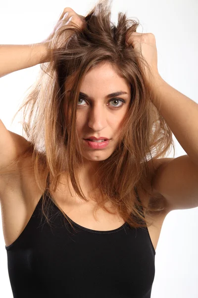 Mau dia de cabelo para senhora frustrada — Fotografia de Stock