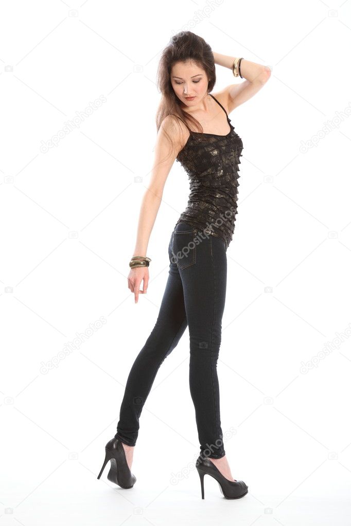 A Poster of female black skintight leather pants hips - A Person Wearing  Black Leather Pants And High Heels