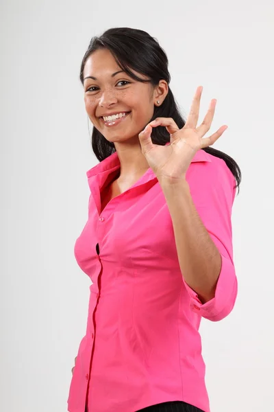 Okay sign from woman in pink — Stock Photo, Image
