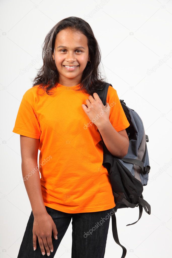 School girl standing with back pack