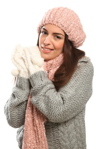 冬 woollies に美しい幸せな若い女 — ストック写真