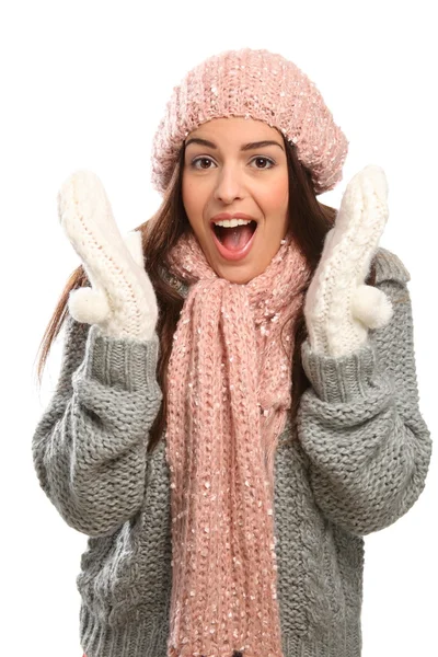 Suprised woman in cold weather — Stock Photo, Image