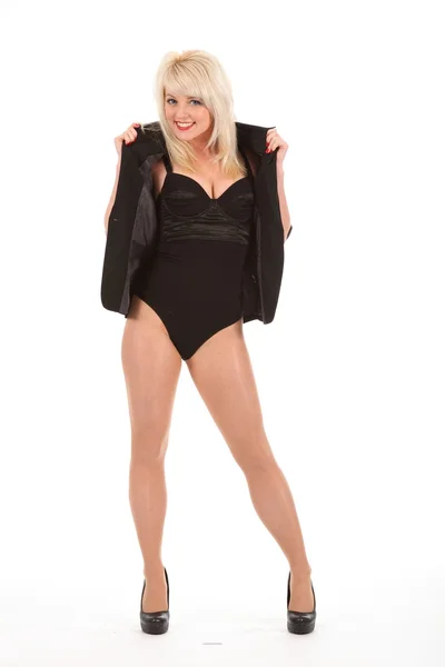 Smiling blonde in leotard and heels — Stock Photo, Image