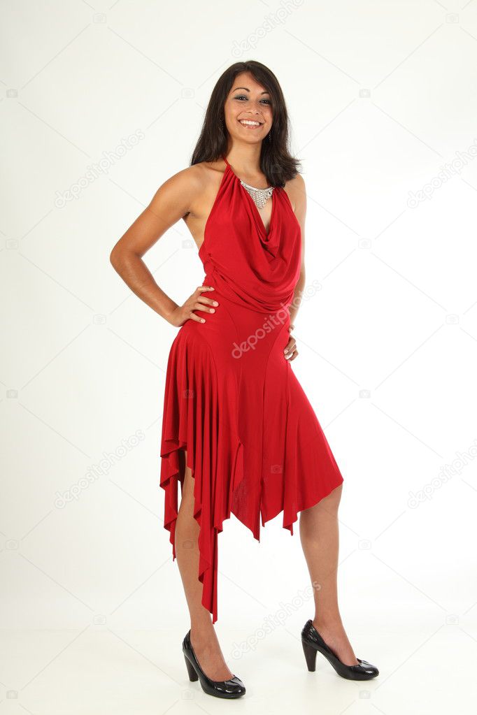 Full length shot beautiful woman in red dress